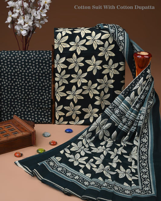 Designer Hand Block Print Cotton Suit Set with Mulmul Dupatta(WACOTMU149)