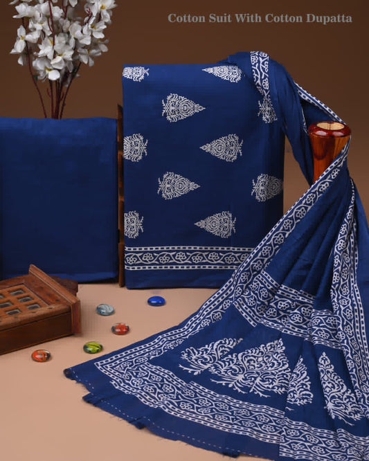 Designer Hand Block Print Cotton Suit Set with Mulmul Dupatta(WACOTMU150)