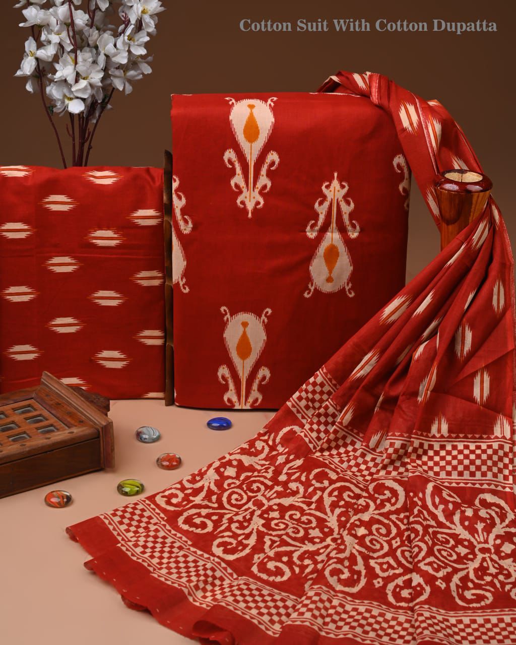 Designer Hand Block Print Cotton Suit Set with Mulmul Dupatta(WACOTMU166)