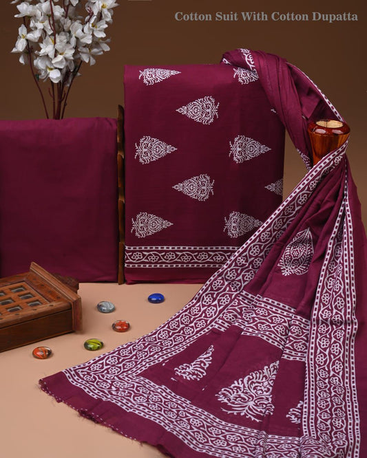 Designer Hand Block Print Cotton Suit Set with Mulmul Dupatta(WACOTMU151)