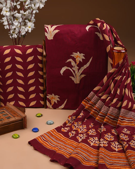 Designer Hand Block Print Cotton Suit Set with Mulmul Dupatta(WACOTMU183)