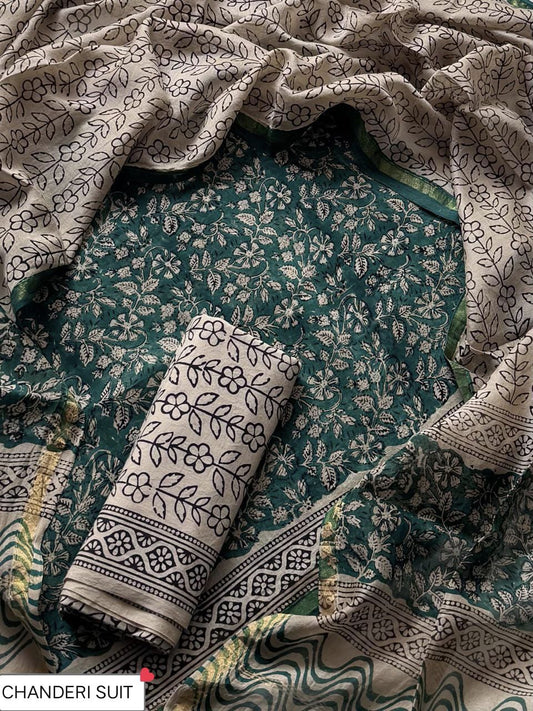 ELEGANT HAND BLOCK PRINT CHANDERI SILK SUIT SET  40