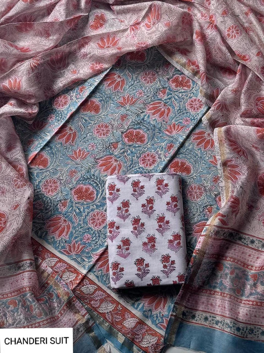 EXCLUSIVE ELEGANT HAND BLOCK PRINT CHANDERI SILK SUIT SET 45