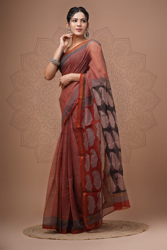 Exclusive hand Block Printed Kota Doria Saree (SWSRKO08)