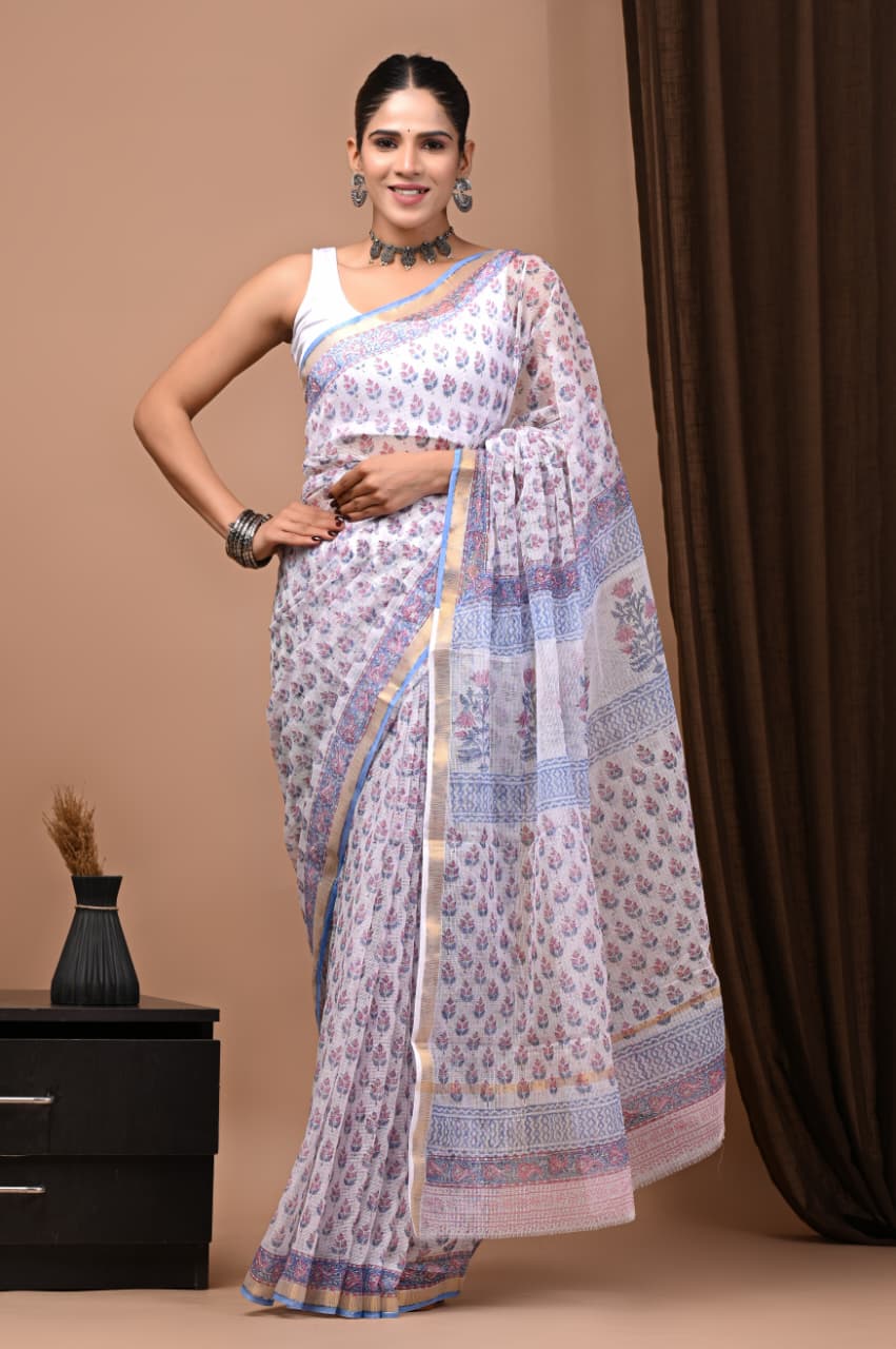 Exclusive hand Block Printed Kota Doria Saree (SWSRKO42)