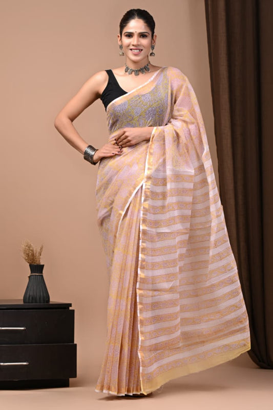 Exclusive hand Block Printed Kota Doria Saree (SWSRKO48)