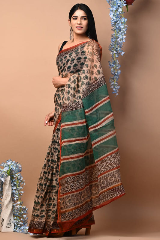 Exclusive hand Block Printed Kota Doria Saree (SWSRKO51)