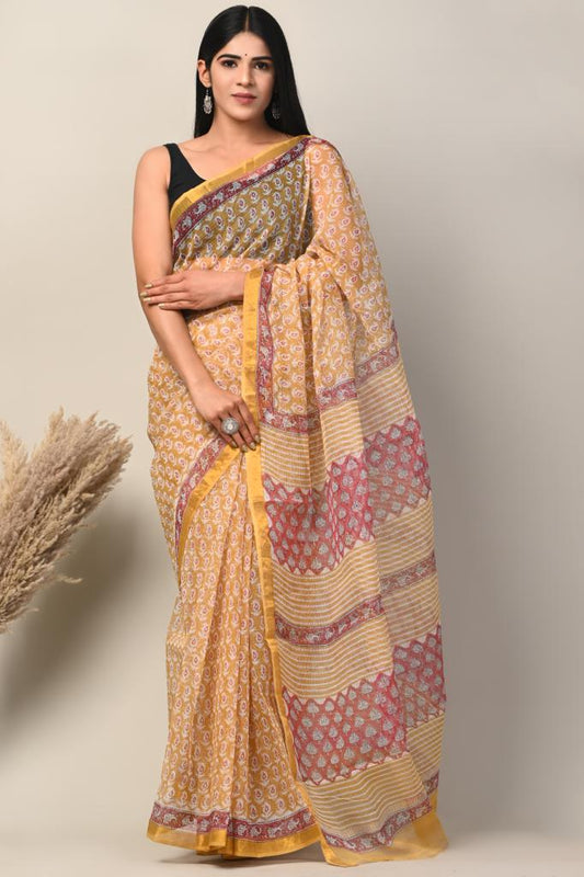 Exclusive hand Block Printed Kota Doria Saree (SWSRKO52)