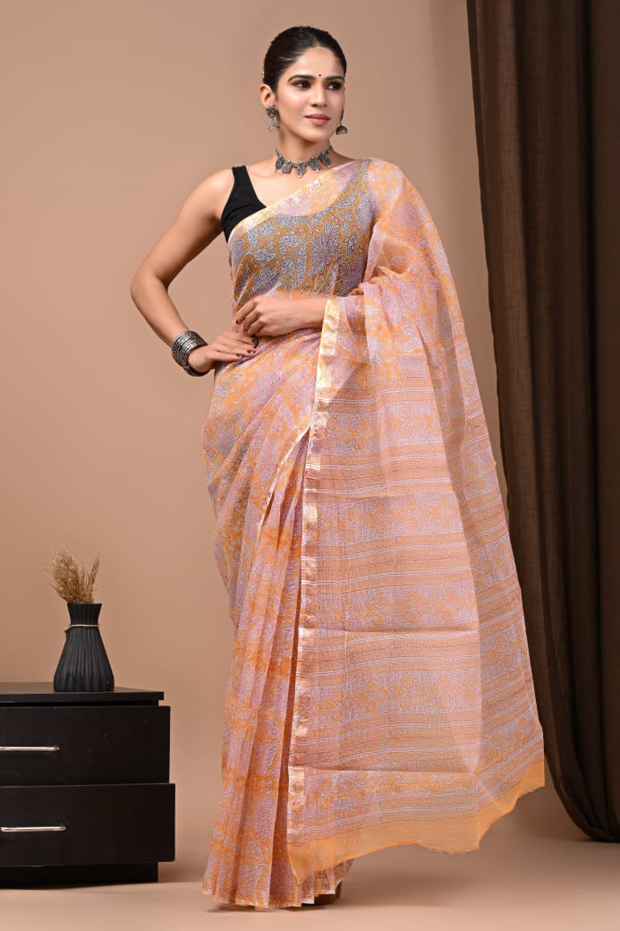 Exclusive hand Block Printed Kota Doria Saree (SWSRKO54)