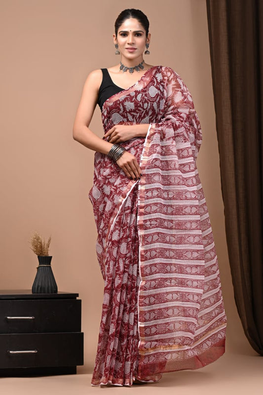 Exclusive hand Block Printed Kota Doria Saree (SWSRKO55)