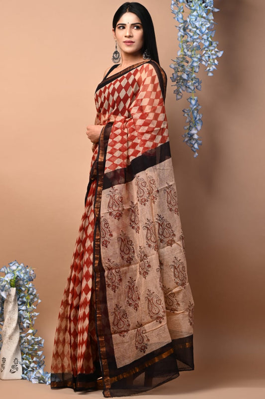 Exclusive hand Block Printed Kota Doria Saree (SWSRKO60)