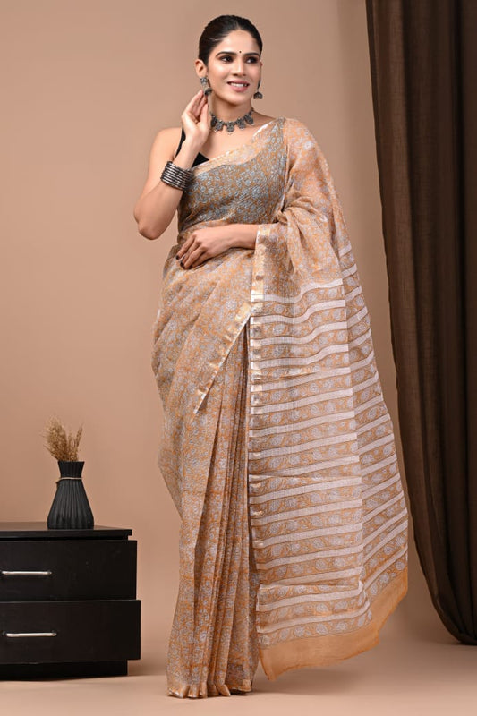 Exclusive hand Block Printed Kota Doria Saree (SWSRKO64)