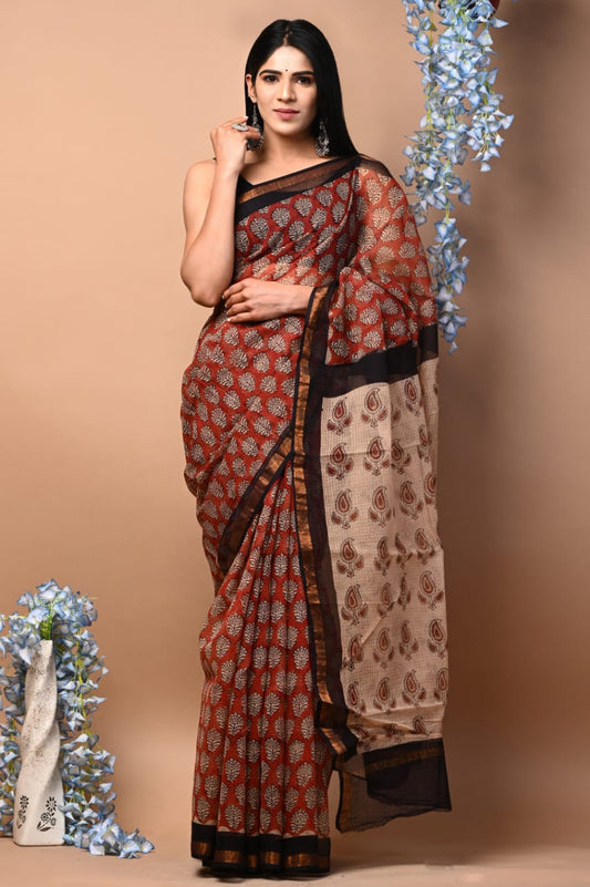 Exclusive hand Block Printed Kota Doria Saree (SWSRKO68)