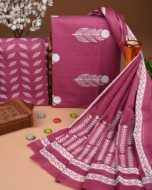 ELEGANT HAND BLOCK PRINT COTTON SUIT SET WITH MULMUL DUPATTA(WACOTMU04)