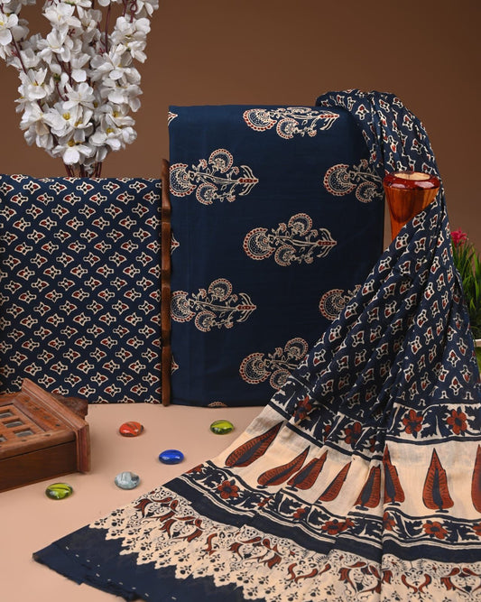 ELEGANT HAND BLOCK PRINT COTTON SUIT SET WITH MULMUL DUPATTA(WACOTMU05)