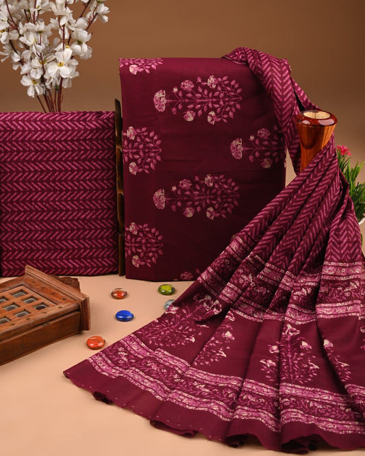 ELEGANT HAND BLOCK PRINT COTTON SUIT SET WITH MULMUL DUPATTA(WACOTMU07)