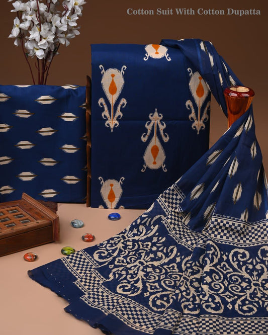 ELEGANT HAND BLOCK PRINT COTTON SUIT SET WITH MULMUL DUPATTA(WACOTMU09)
