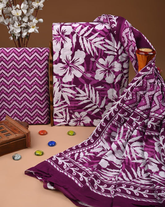 ELEGANT HAND BLOCK PRINT COTTON SUIT SET WITH MULMUL DUPATTA(WACOTMU15)
