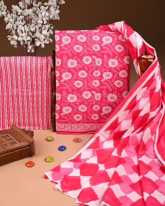 ELEGANT HAND BLOCK PRINT COTTON SUIT SET WITH MULMUL DUPATTA(WACOTMU29)