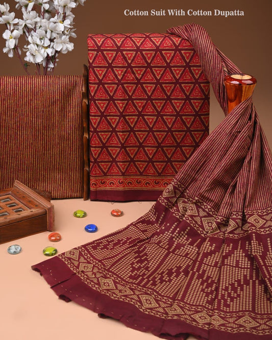 ELEGANT HAND BLOCK PRINT COTTON SUIT SET WITH MULMUL DUPATTA(WACOTMU40)