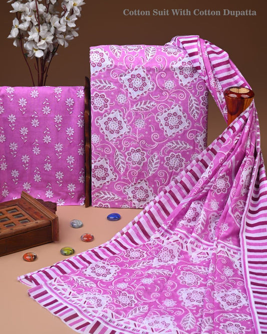 ELEGANT HAND BLOCK PRINT COTTON SUIT SET WITH MULMUL DUPATTA(WACOTMU42)
