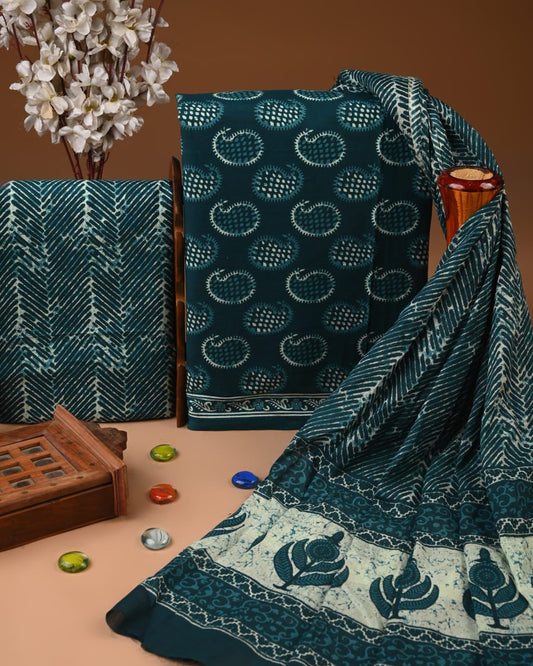 ELEGANT HAND BLOCK PRINT COTTON SUIT SET WITH MULMUL DUPATTA(WACOTMU43)