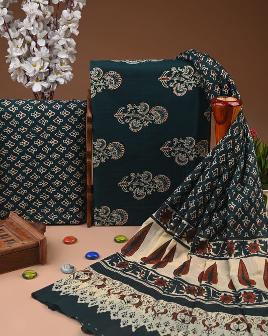ELEGANT HAND BLOCK PRINT COTTON SUIT SET WITH MULMUL DUPATTA(WACOTMU44)