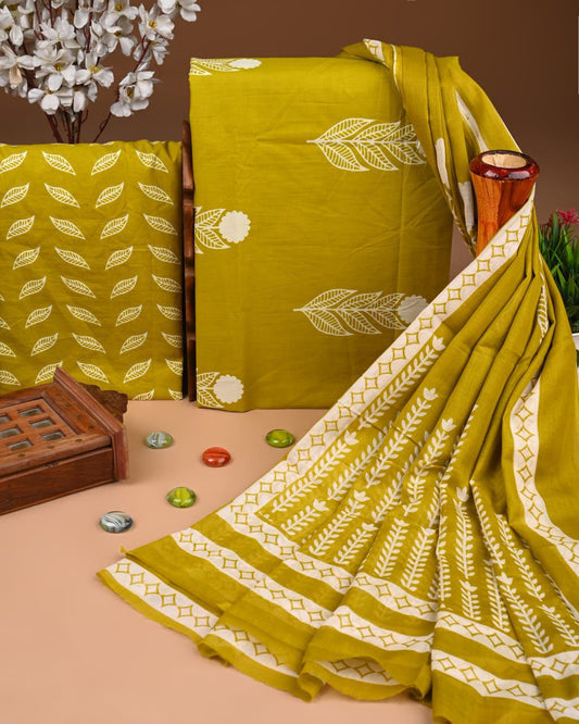 ELEGANT HAND BLOCK PRINT COTTON SUIT SET WITH MULMUL DUPATTA(WACOTMU45)