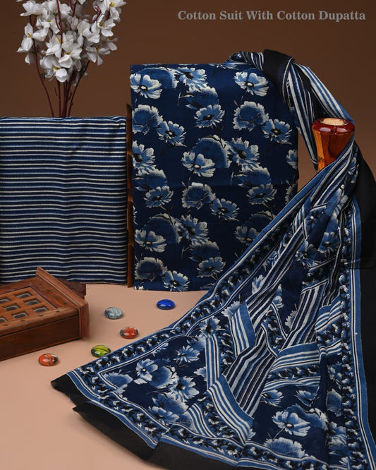 ELEGANT HAND BLOCK PRINT COTTON SUIT SET WITH MULMUL DUPATTA(WACOTMU46)