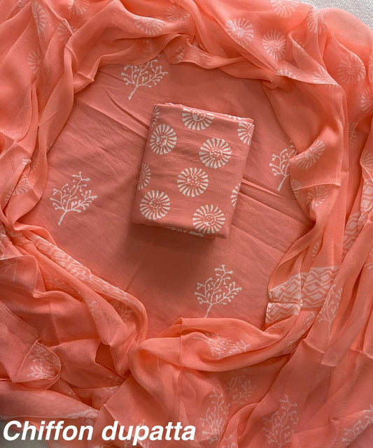 JAAL HAND BLOCK PRINT COTTON SUIT SET WITH CHIFFON DUPATTA(WACFCOTMU08)