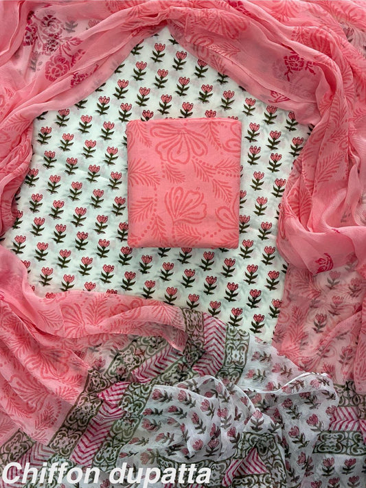 ELEGANT HAND BLOCK PRINT COTTON SUIT SET WITH CHIFFON DUPATTA(WACFCOTMU11)