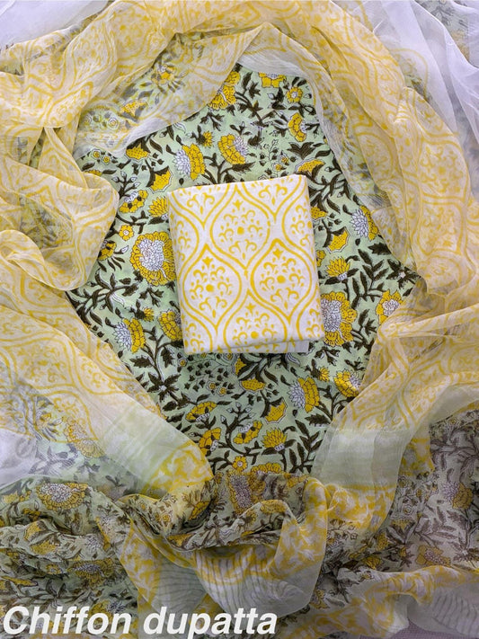 ELEGANT HAND BLOCK PRINT COTTON SUIT SET WITH CHIFFON DUPATTA(WACFCOTMU12)