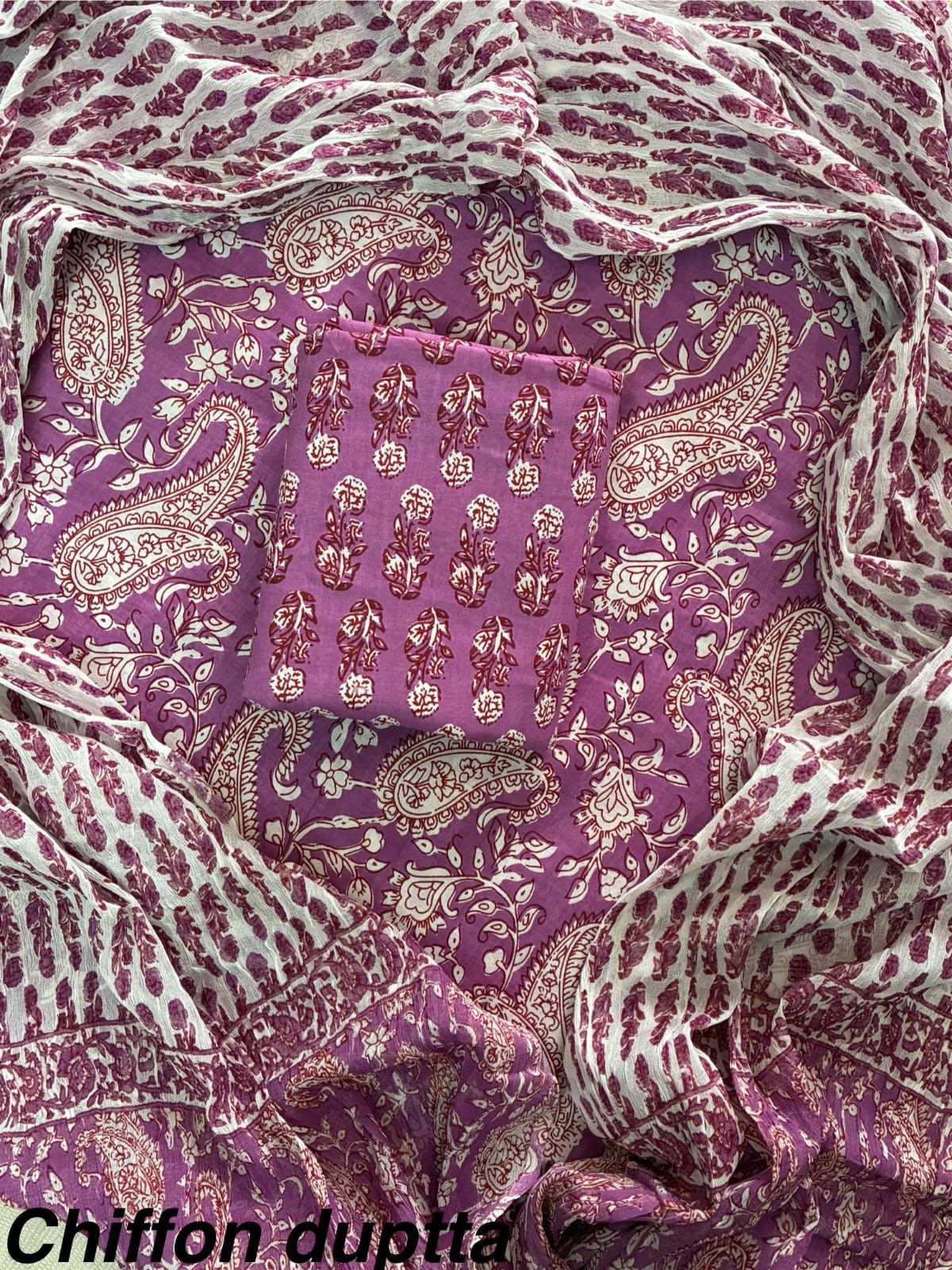 New Premium Hand Block Print Cotton Suit Set with Chiffon Dupatta(WACFCOTMU13)