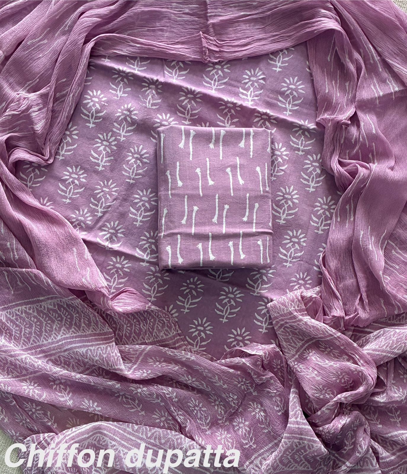 New Premium Hand Block Print Cotton Suit Set with Chiffon Dupatta(WACFCOTMU18)