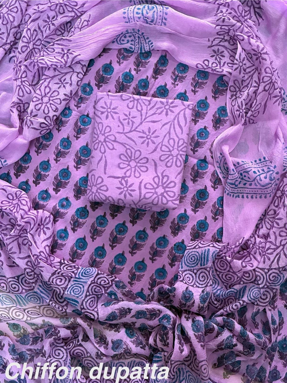 New Premium Hand Block Print Cotton Suit Set with Chiffon Dupatta(WACFCOTMU20)