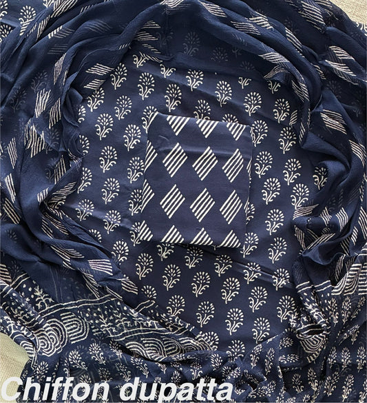 New Premium Hand Block Print Cotton Suit Set with Chiffon Dupatta(WACFCOTMU25)