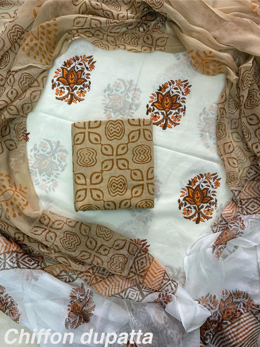 JAAL HAND BLOCK PRINT COTTON SUIT SET WITH CHIFFON DUPATTA(WACFCOTMU46)