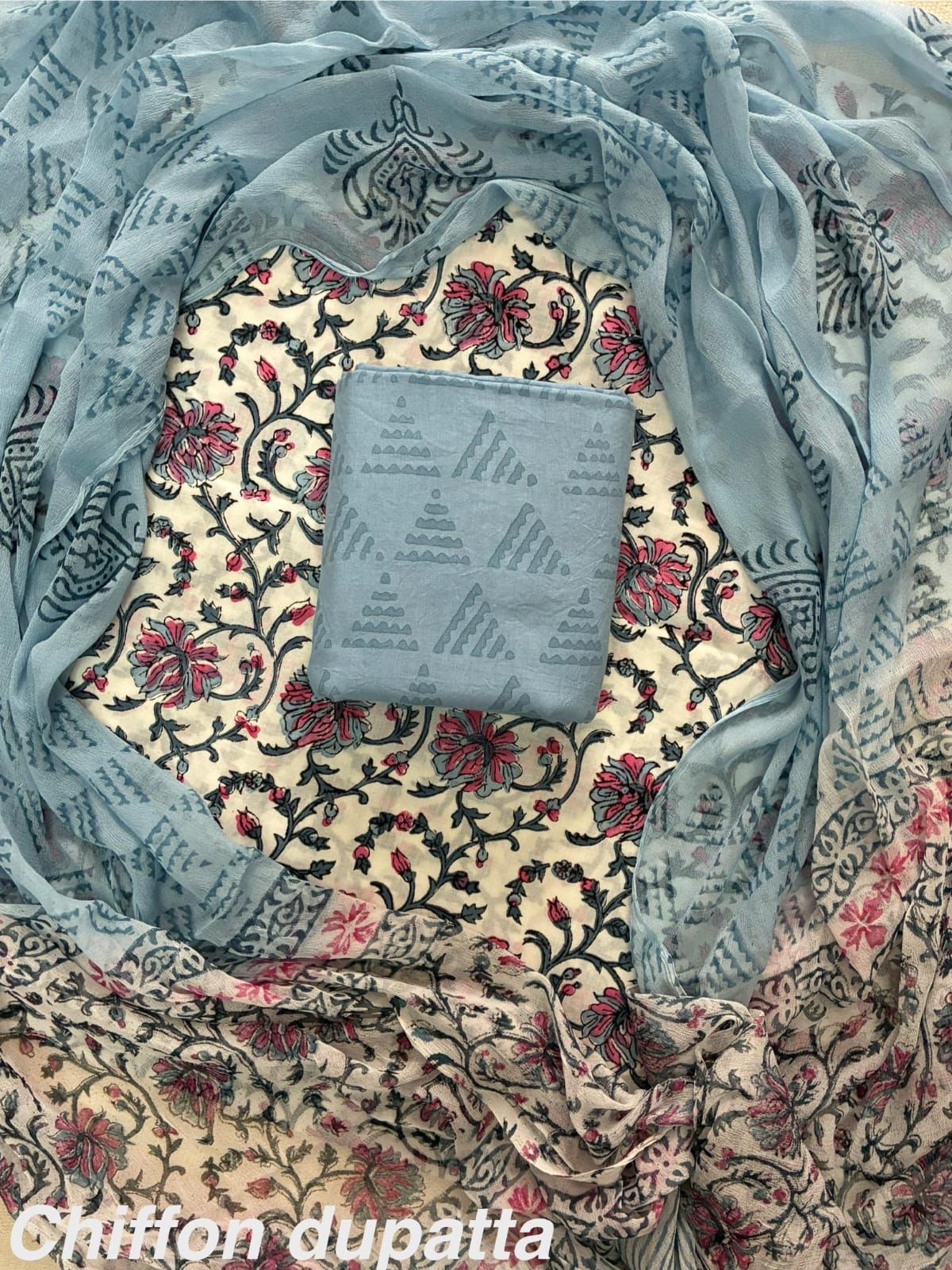 JAAL HAND BLOCK PRINT COTTON SUIT SET WITH CHIFFON DUPATTA(WACFCOTMU45)