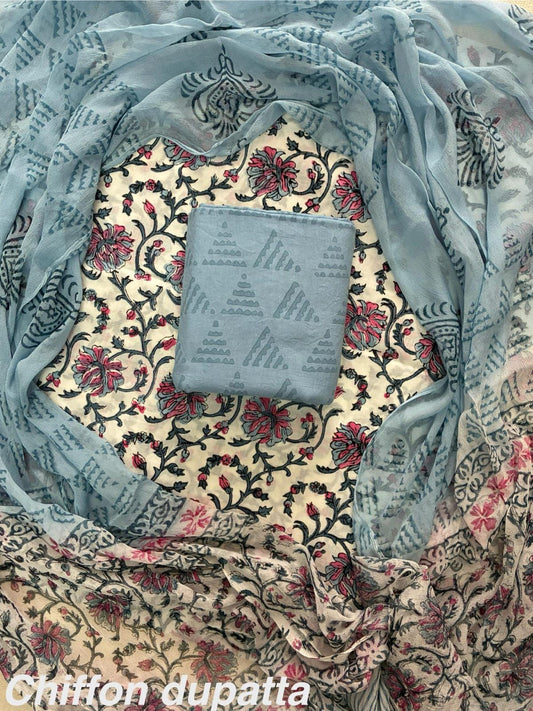 JAAL HAND BLOCK PRINT COTTON SUIT SET WITH CHIFFON DUPATTA(WACFCOTMU45)