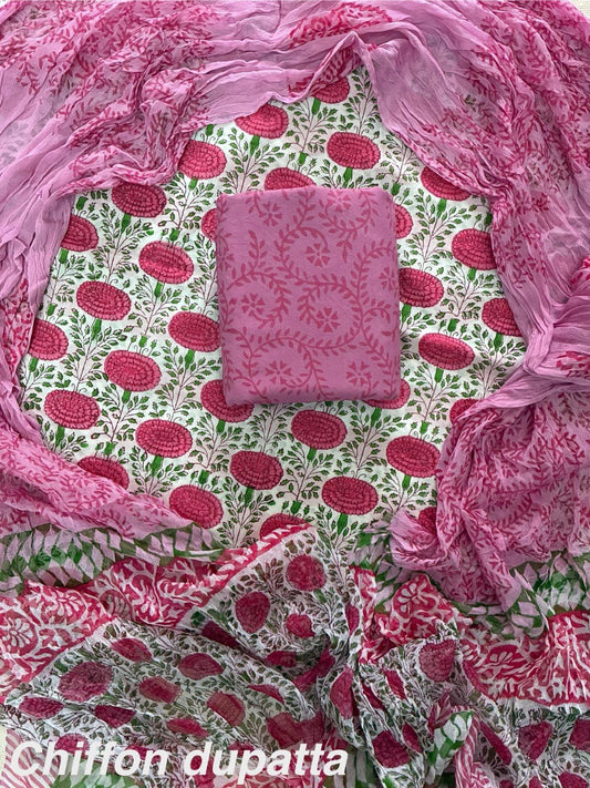 ELEGANT HAND BLOCK PRINT COTTON SUIT SET WITH CHIFFON DUPATTA(WACFCOTMU47)
