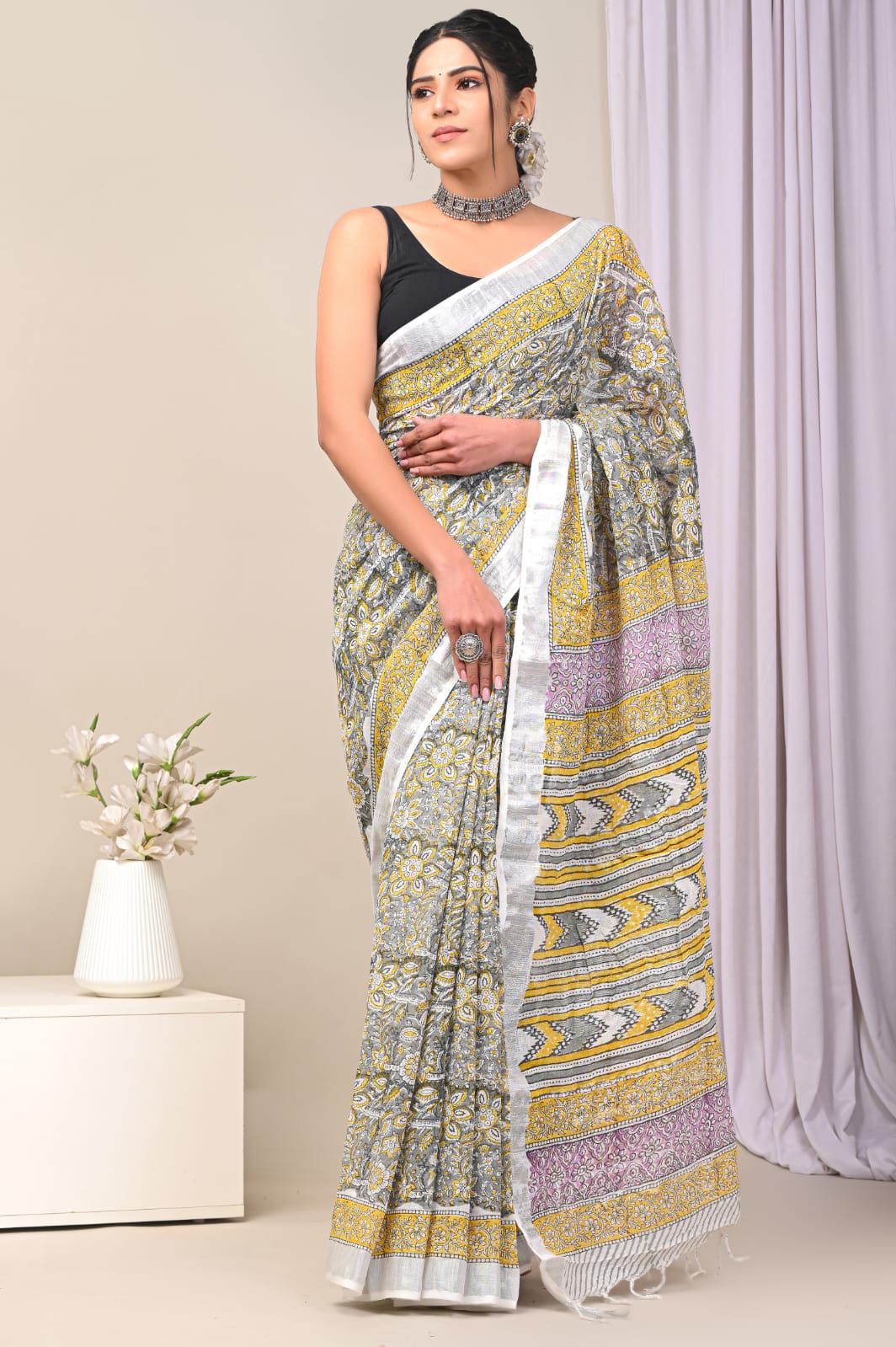 Hand Block Printed Linen Saree With Unstitched Blouse (SWSRLIL34