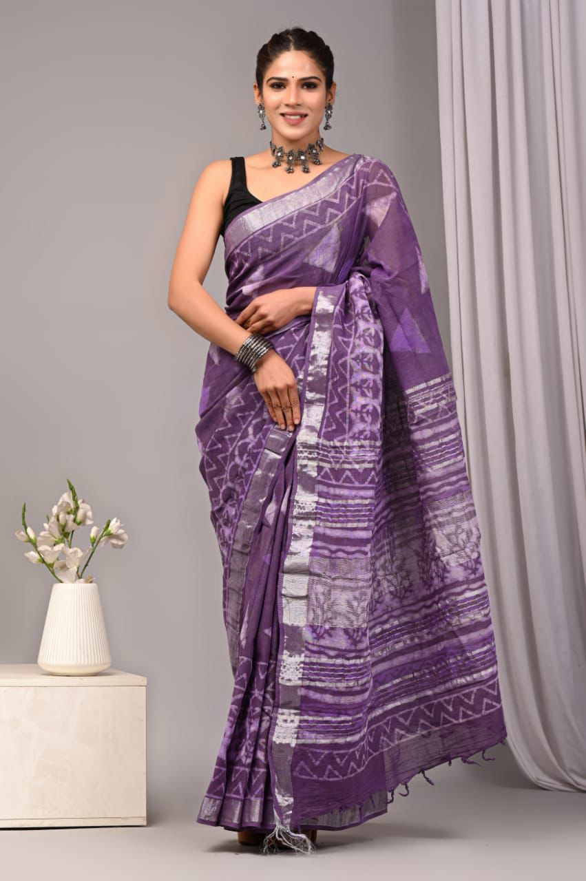 Hand Block Printed Linen Saree With Unstitched Blouse (SWSRLIL35)