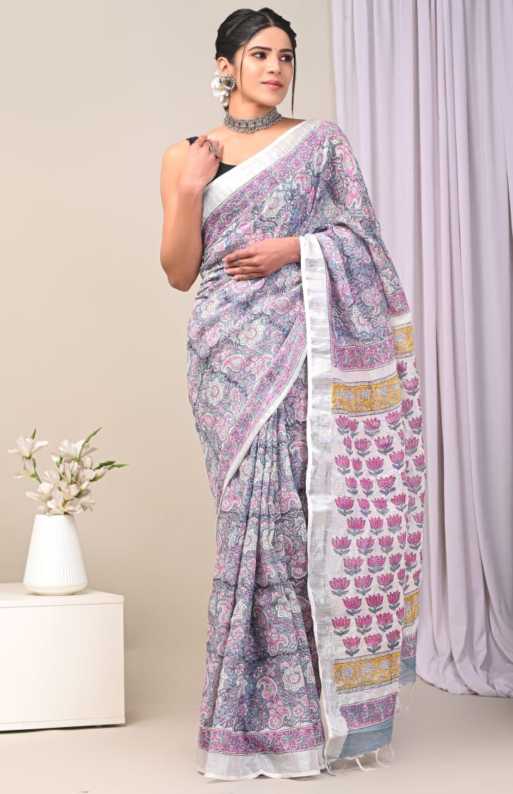 Hand Block Printed Linen Saree With Unstitched Blouse (SWSRLIL38)