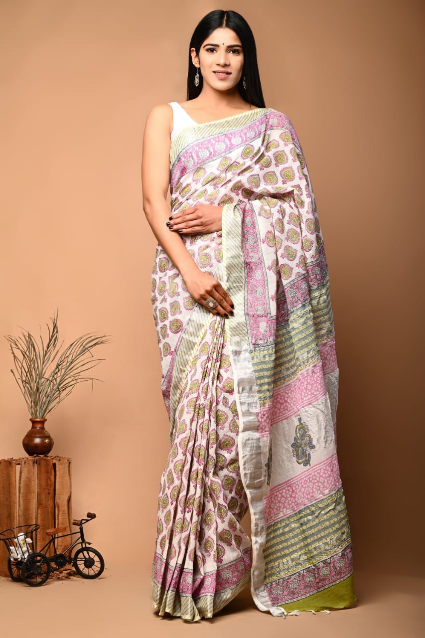 Hand Block Printed Linen Saree With Unstitched Blouse (SWSRLIL39)