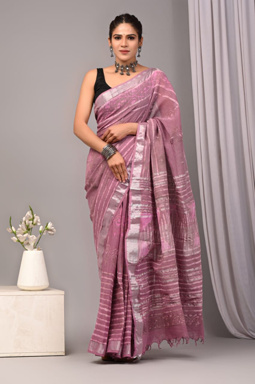 Hand Block Printed Linen Saree With Unstitched Blouse (SWSRLIL36)