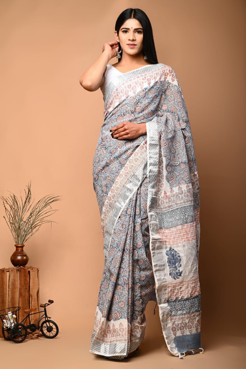 Hand Block Printed Linen Saree With Unstitched Blouse (SWSRLIL37)