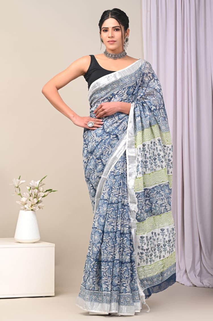 Hand Block Printed Linen Saree With Unstitched Blouse (SWSRLIL41)