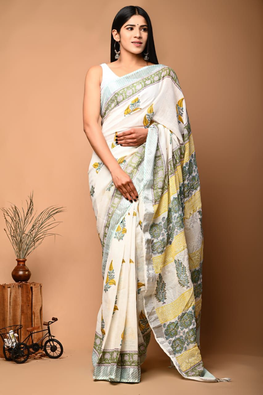 Hand Block Printed Linen Saree With Unstitched Blouse (SWSRLIL40
