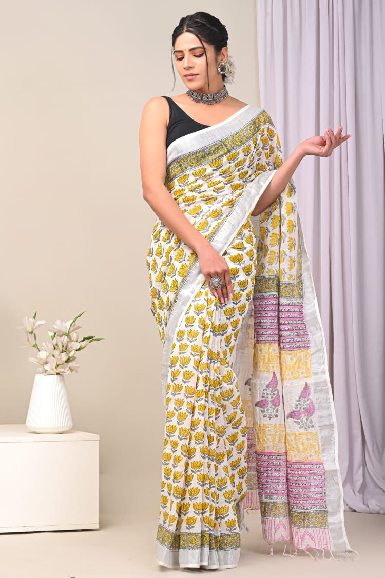 Hand Block Printed Linen Saree With Unstitched Blouse (SWSRLIL42)