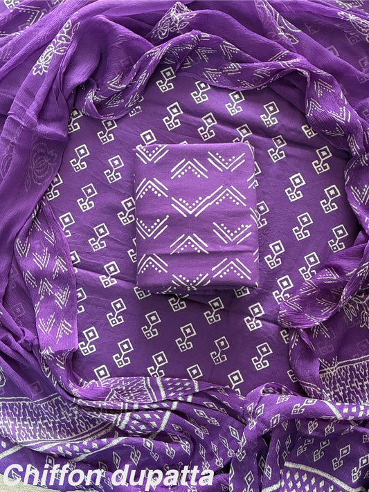 Exclusive Hand Block Print Cotton Suit Set with Chiffon Dupatta(WACFCOTMU29)